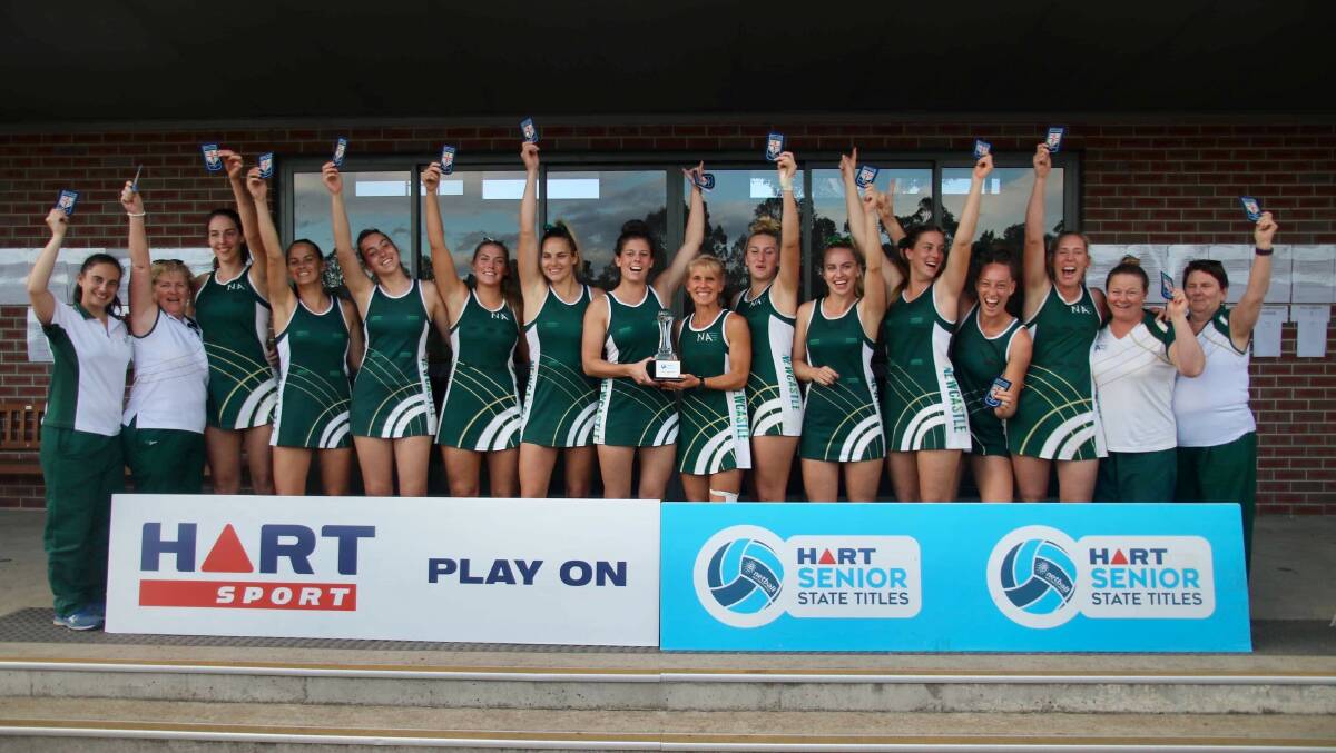 Newcastle celebrate winning the Netball NSW opens title in Campbelltown in June last year. Picture: Supplied