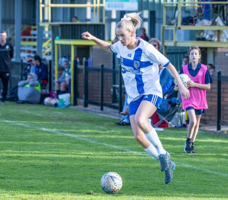 Chloe Hinde produced a stand-out performance as Newcastle Olympic beat Broadmeadow in the NPLW NNSW preliminary final at Magic Park on Saturday night. Picture: Breathless Blue Photography