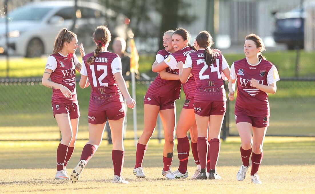 TOO GOOD: Warners Bay celebrate a goal in their convincing five-goal victory over Broadmeadow at John Street Oval on Sunday. Picture: Max Mason-Hubers