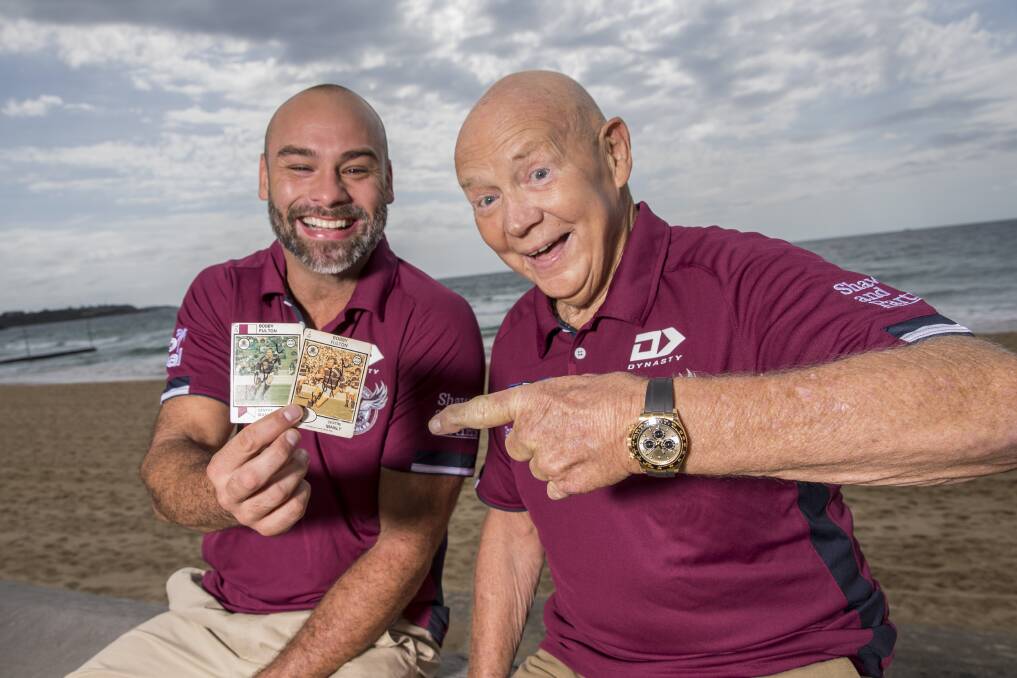 LEGENDS: Brett Stewart and Bob Fulton with their soughtafter playing cards. Picture: Geoff Jones