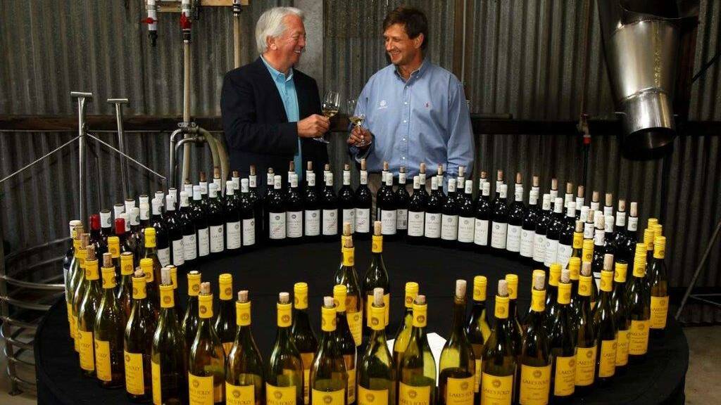 GREAT SUCCESS: Chief winemaker Rod Kempe (right) and owner Peter Fogarty with 37 Lake's Folly cabernets dating back to 1967 and 28 chardonnays back to 1985 tasted at the 2013 celebration of the Folly's 50th anniversary