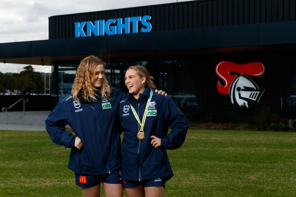 Newcastle co-captain Hannah Southwell with younger sister and halfback Jesse, who steered the Knights to the grand final in her first NRLW season. Picture by Max Mason-Hubers 