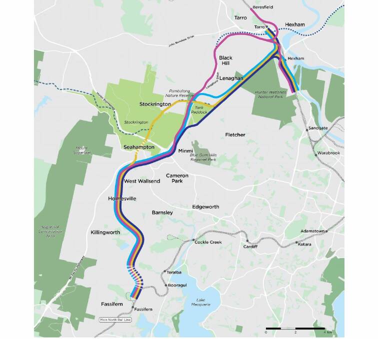 OPTIONS: The four potential routes unveiled this week for the 30-kilometre rail line between Fassifern and Hexham. The preferred alignment is shown in pink. 