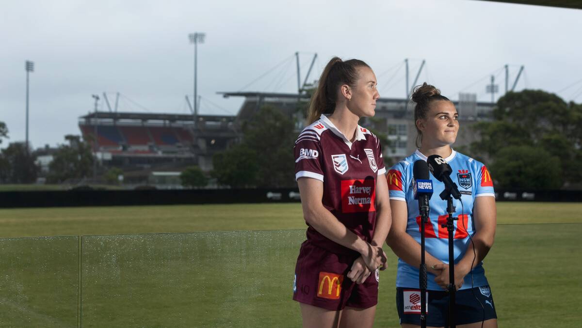 Knights NRLW players Tamika Upton and Jesse Southwell promoting the Women's Origin series this week. Picture by Marina Neil