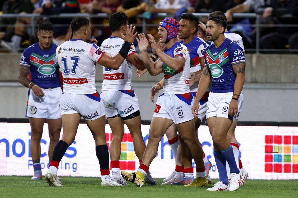 Ponga and teammates celebrate a try at Sky Stadium. Picture Getty Images
