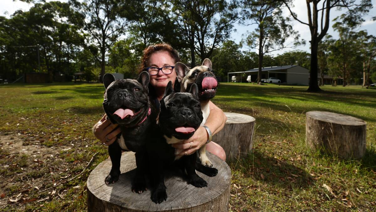 PUPPY LOVE: Mrs Hector with her three French Bulldogs. Picture: Jonathan Carroll. 
