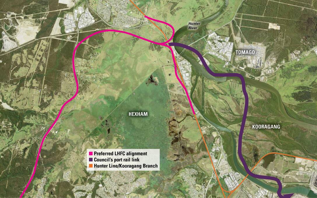 FUTURE PROOF: The northern end of the government's preferred alignment for the Lower Hunter Freight Corridor, shown in pink, and the council's proposed extension, shown in purple, to the planned container terminal site.