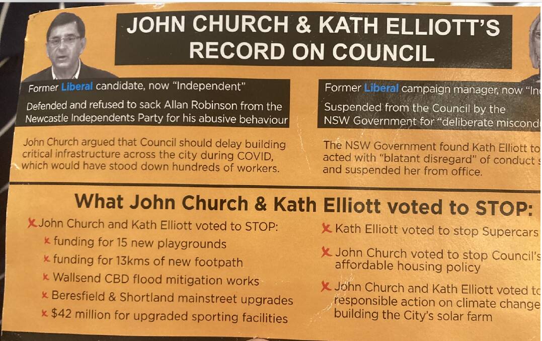 TAKING AIM: One side of the NSW Labor-authorised flyer about Crs Church and Elliott.