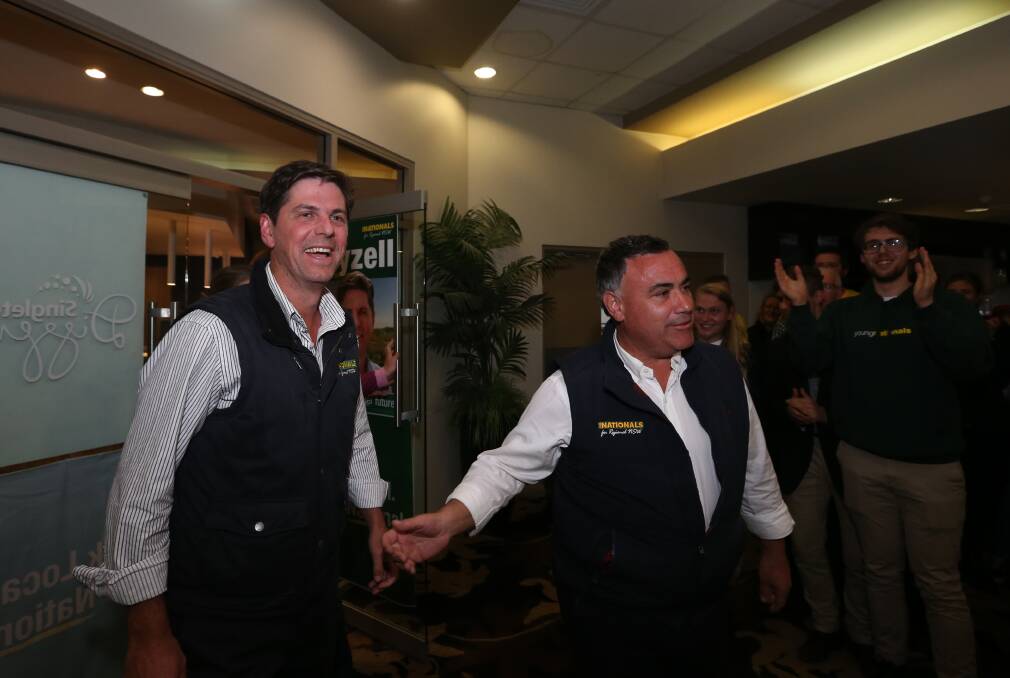 ON TOP: Nationals candidate Dave Layzell arriving with John Barilaro at Singleton Diggers on Saturday night. Picture: Simone De Peak