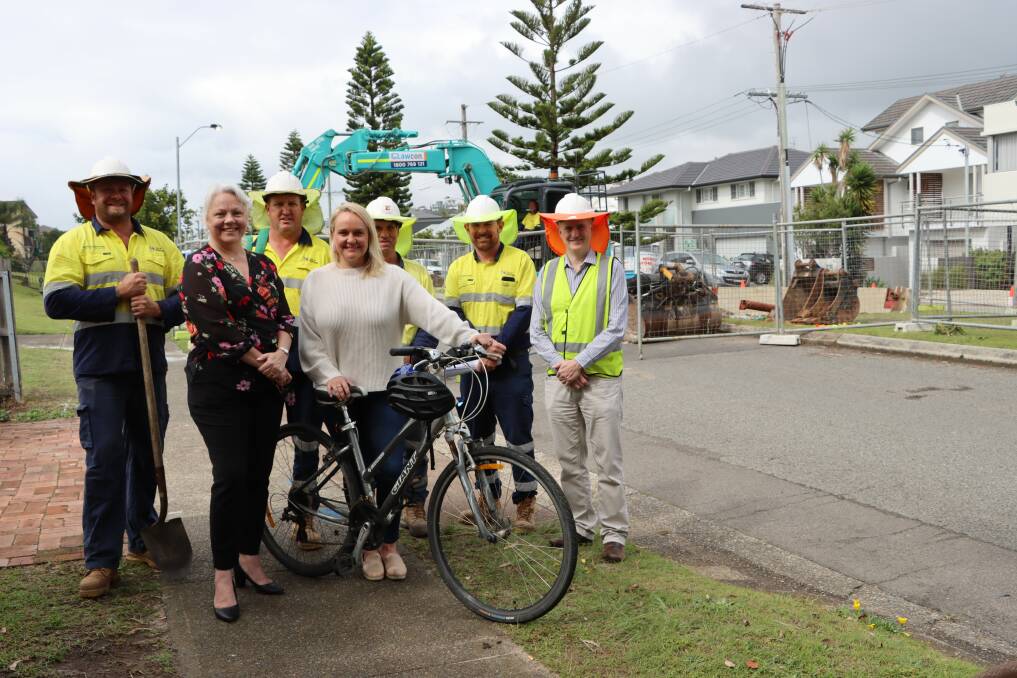 WORK UNDERWAY: Newcastle lord mayor Nuatali Nelmes and Cr Carol Duncan with City of Newcastle workers on Watkins Street in Merewether on Thursday. Picture: Supplied
