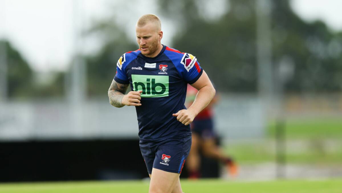 BANNED: Mitch Barnett at Knights training. Picture: Jonathan Carroll