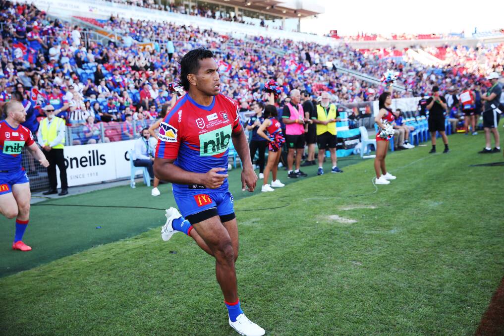 FIT: Newcastle prop Jacob Saifiti takes to the field for the Knights match against the Tigers earlier this year. Picture: Peter Lorimer.