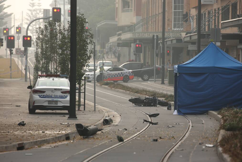 SCENE: The crash scene on Scott Street in Newcastle showing debris sprawled along the mixed-running section of the road. The crashed forced the suspension of light rail services for several hours. Picture: Simone De Peak.