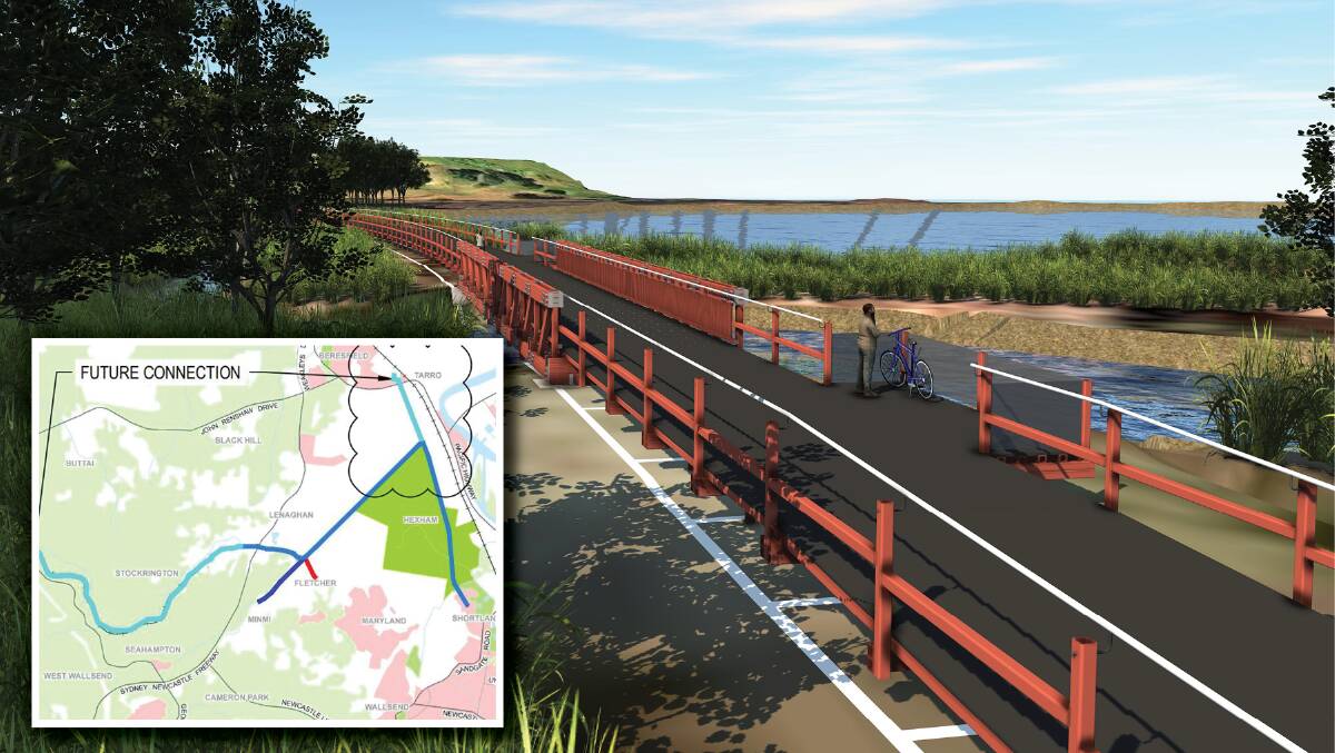 APPROVED: An artist's impression of the Richmond Vale Rail Trail passing through Hunter Wetlands National Park and (inset) a map showing the approved sections in the Newcastle local government area and future connections to Kurri Kurri and Tarro. 