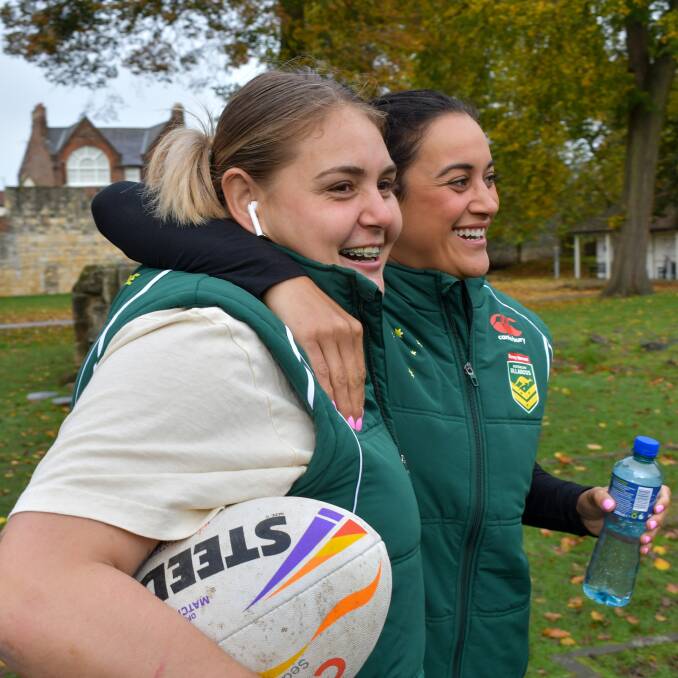 Knights teammates Caitlan Johnston and Yasmin Clydsdale in England ahead of Australia's first World Cup game against Cook Islands. Picture courtesy NRL/Facebook