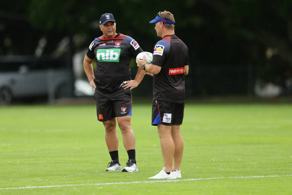 Anthony Seibold, left, with Knights coach Adam O'Brien during the 2021 season, when the now Manly coach was a part-time coaching consultant for Newcastle. Picture by Jonathan Carroll 