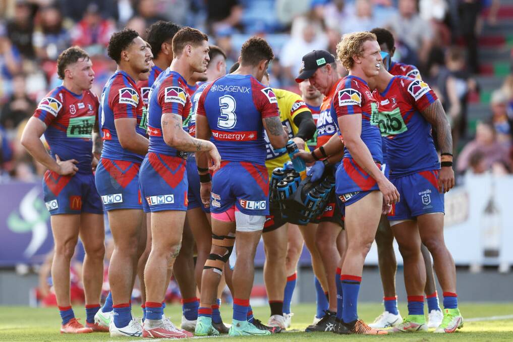 HURT: Newcastle players looking dejected during their 39-2 loss to Parramatta on Sunday. Picture: Getty