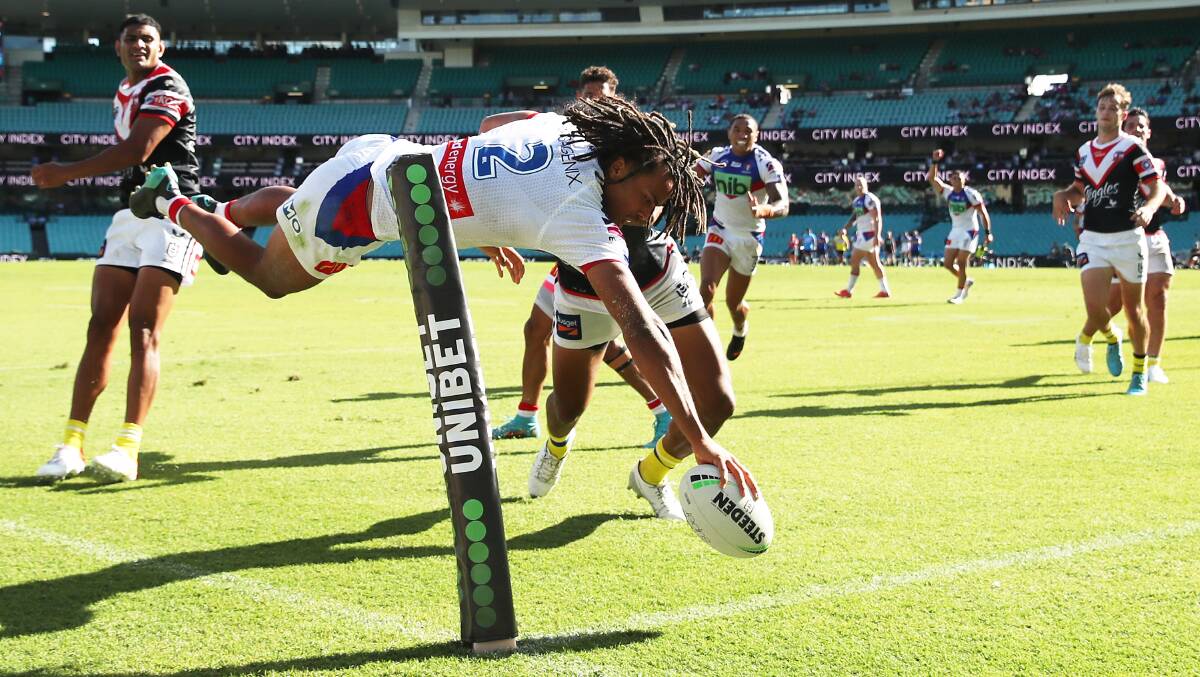 DREAM START: Knights winger Dom Young scores in Newcastle's season-opening 20-6 win over Sydney Roosters at the SCG in March. Picture: Getty Images