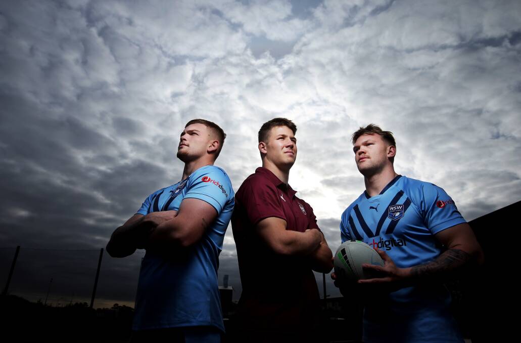 Brabury, far right, with fellow under-19s Origin representatives and Knights teammates Oryn Keeley, left, and Paul Bryan, centre. Picture by Simone De Peak
