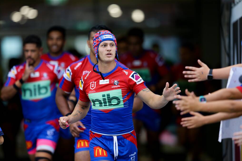OUT FRONT: Kalyn Ponga leads out the Knights for a trial against the Bulldogs last month. Picture: Jonathan Carroll