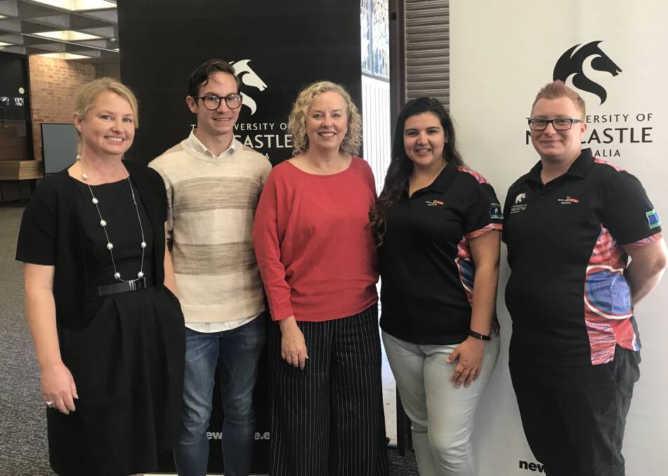 PLEDGE: Newcastle MP Sharon Claydon, centre, with Dr Anna Bennett, far left, and University of Newcastle students David Parsons, left, Katelin Smith, and Luka Bungaree, far right. 