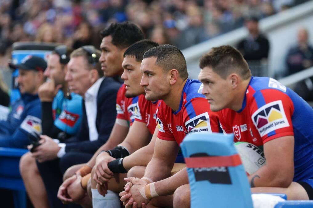 Newcastle Knights forward Mat Croker, centre, has come off the bench the past three games. Picture by Jonathan Carroll