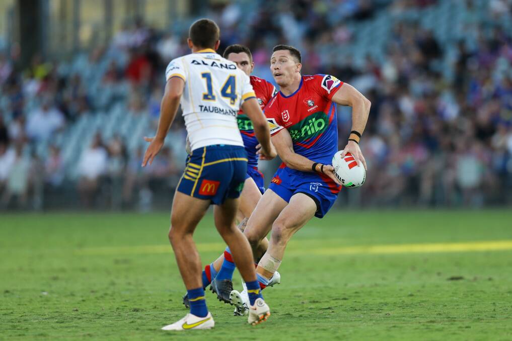 Gamble at five-eighth during Newcastle's pre-season trial against Parramatta. Picture by Jonathan Carroll 