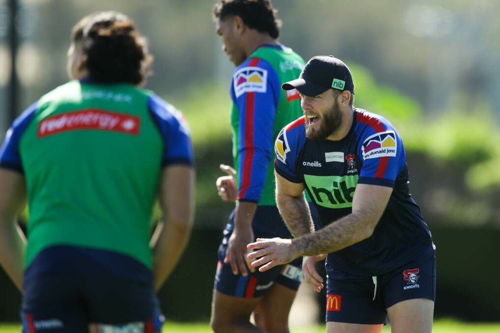 RIPPING IN: Newcastle back-rower Lachlan Fitzgibbon at Knights training on Tuesday. The 28-year-old Novocastrian has been named to start against the North Queensland Cowboys in Townsville on Saturday night after missing the past six games. Picture: Jonathan Carroll 