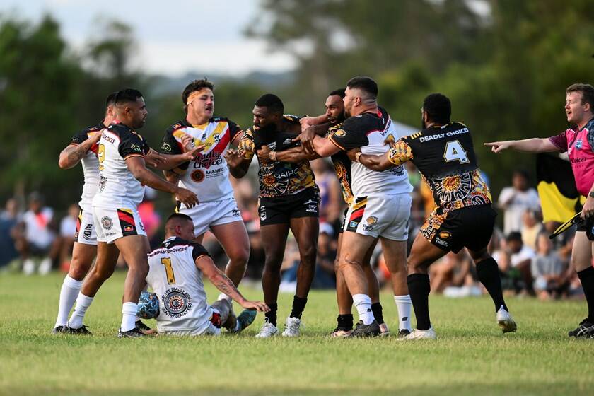 Newcastle All Blacks and Erub United players come to blows at Beenleigh on Saturday. Picture NRL Images 