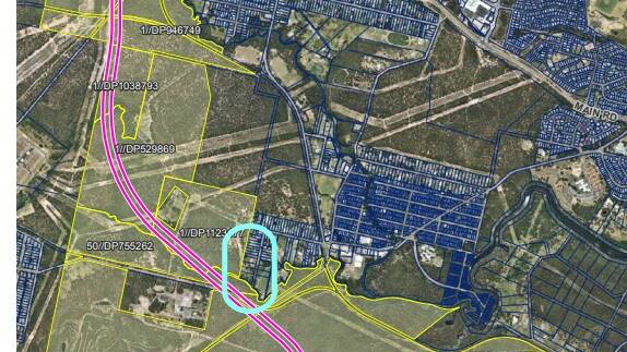 LEFT OUT: The rail corridor (pink) and impacted land lots (yellow). Properties at Barnsley (blue), were not notified despite being some of the closest to the proposed line. 