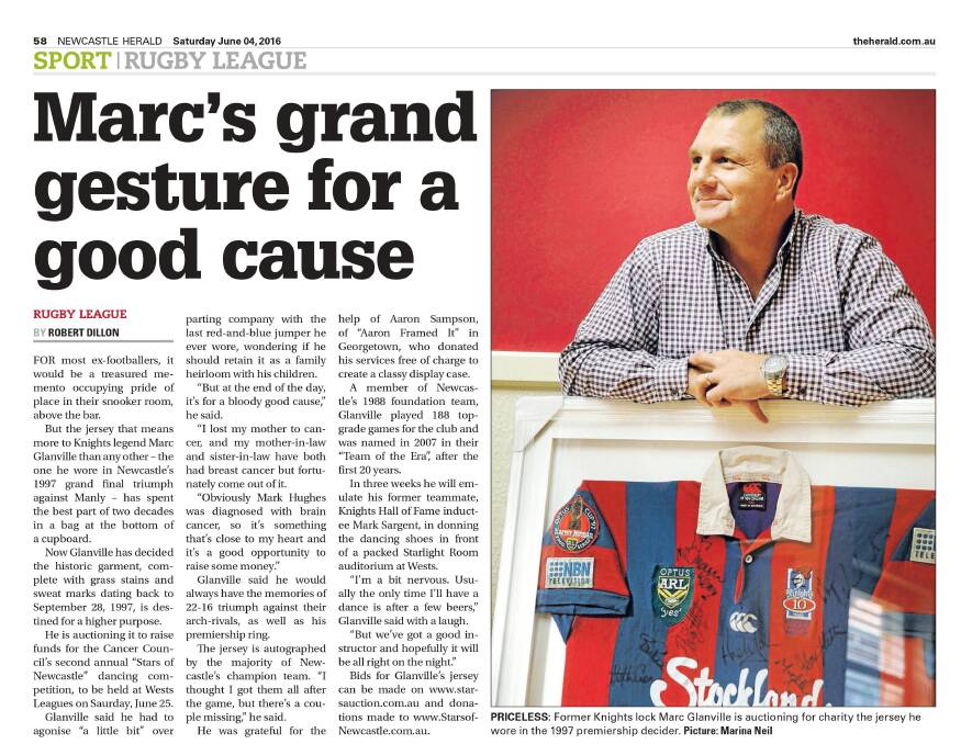 A Newcastle Herald story about Glanville's jersey auction in 2016. 