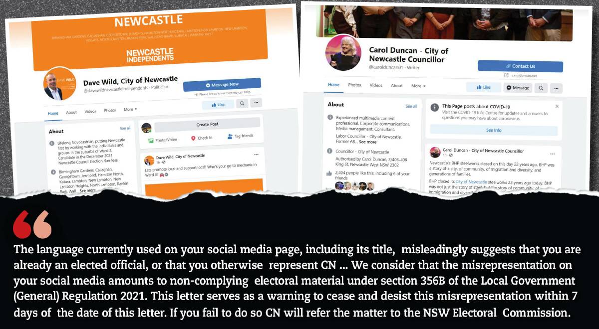 EXAMPLE: A screenshot of Mr Wild's Facebook page featuring "City of Newcastle", and Cr Carol Duncan's page, shown as an example.