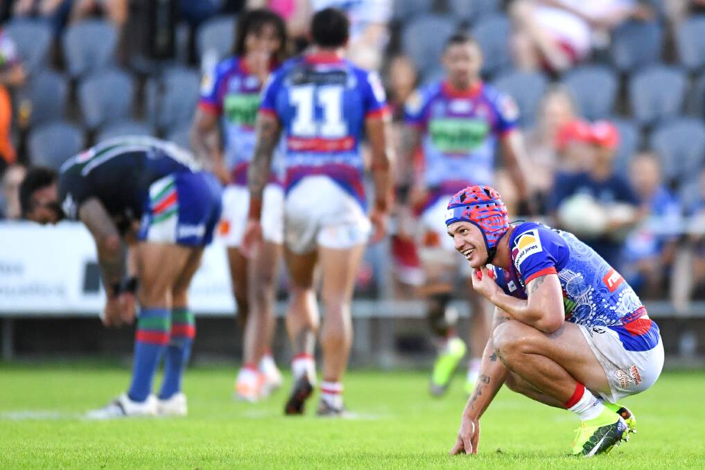 RELIEF: Newcastle captain Kalyn Ponga after the Knights beat the Warriors on Saturday. Picture: Getty Images