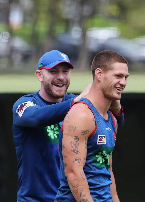 Hastings and Ponga at training earlier this year. Picture by Peter Lorimer 