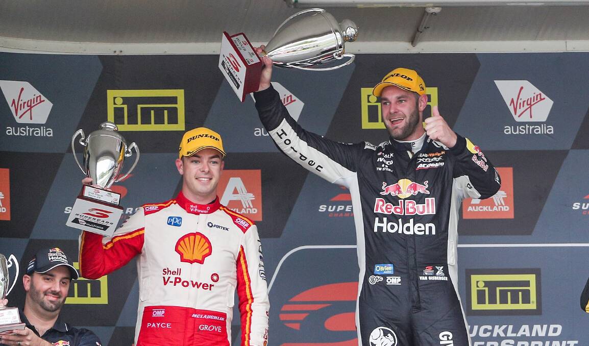

Surrounded by Scott McLaughlin, Shane van Gisbergen of Red Bull Holden Racing Team celebrates his win at ITM Auckland SuperSprint in Auckland, New Zealand Picture: AAP/David Rowland