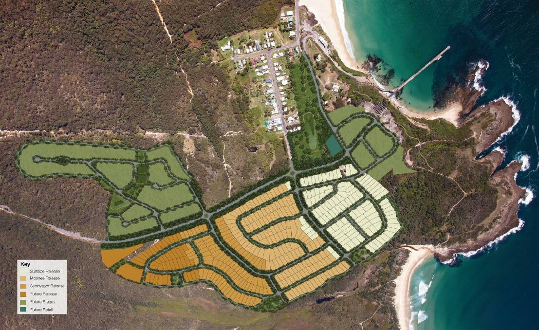 PLANS: A map of the Catherine Hill Bay 'Beaches' development, with future stages shown in green. The lagoon is to the north of the top of the map. IMAGE: Beaches website