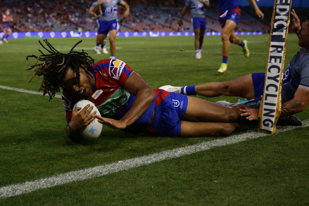 TRY TIME: Winger Dom Young scores in the first half of the trial against the Bulldogs. Picture: Jonathan Carroll