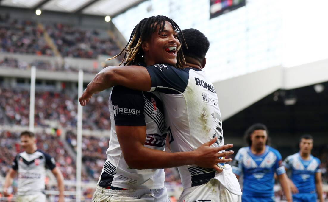 Dominic Young celebrates scoring his first try. Picture by George Wood, Getty Images