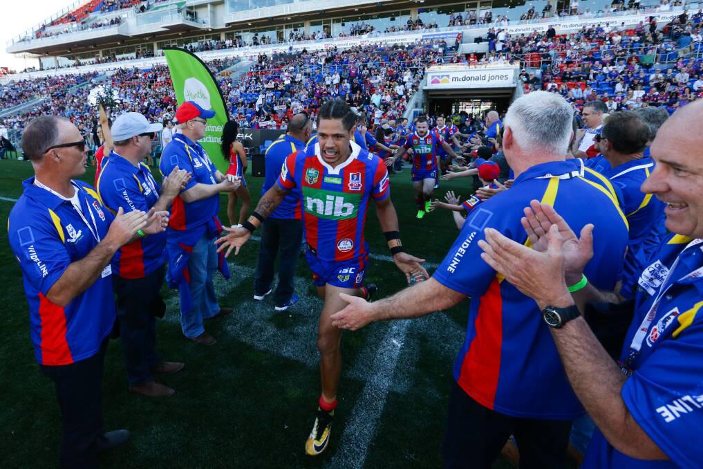 Knights centre Dane Gagai takes to the field at McDonald Jones Stadium on Old Boys' Day in 2017. Picture by Jonathan Carroll 