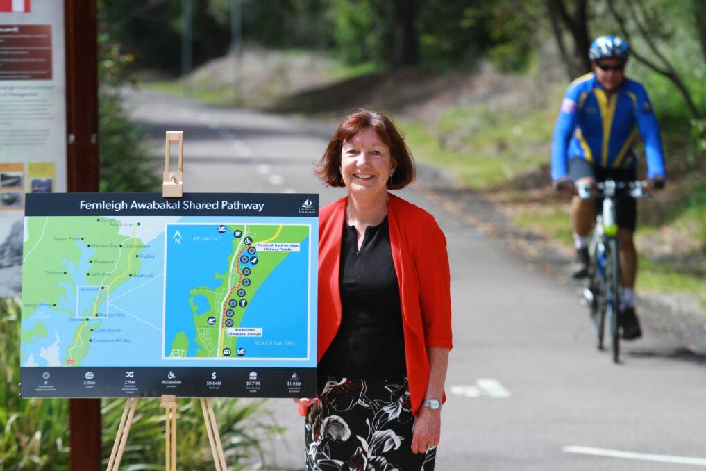 PROPOSAL: Lake Macquarie mayor Kay Fraser unveiling the Fernleigh Awabakal Shared Pathway in 2018. The council has been awarded a multi-million dollar state government grant to help fund the 3.5-kilometre path. Construction could begin on part of the project in 12 months.