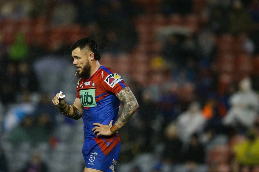 FIRED UP: Newcastle Knights prop David Klemmer, pictured after getting sin-binned against the Gold Coast a fortnight ago before being sent off against South Sydney on Friday. Klemmer entered an early guilty plea to his grade-one dangerous contact charge and was fined $1000 this week. He is free to play on Saturday. Picture: Jonathan Carroll 