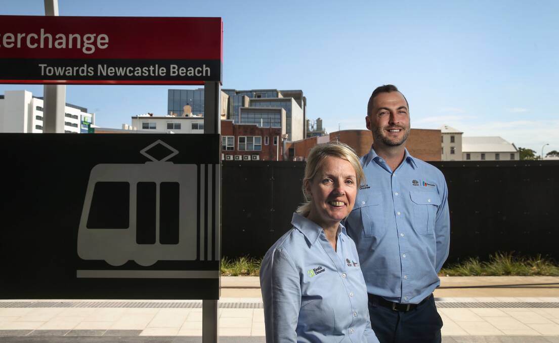 WELCOME ABOARD: Newcastle light rail drivers Annie Maslowicz and Ky Gladdish at Newacstle Interchange. Picture: Marina Neil