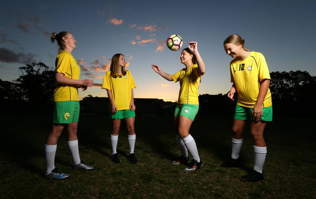READY TO GO: Tanaysha Carr, Jessie Webb, Hayley Moore and Abbey Cave will tour Brazil as part of the under-15 Australian futsal team. Picture: Jonathan Carroll. 