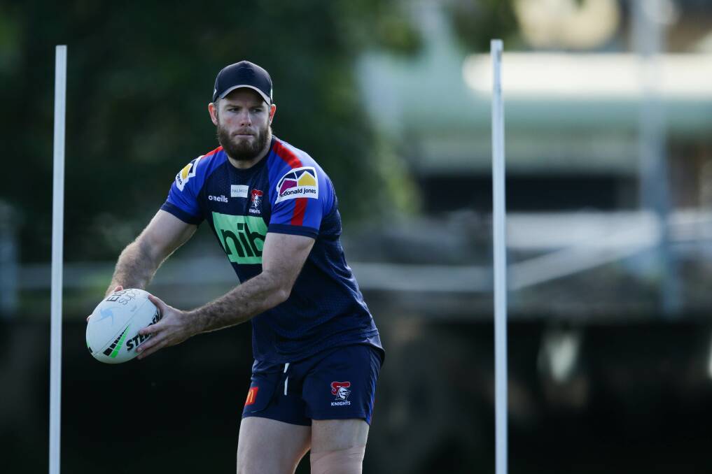 BACK ON DECK: Lachlan Fitzgibbon at training on Tuesday. The Knights back-rower has not played since round two. Picture: Jonathan Carroll 