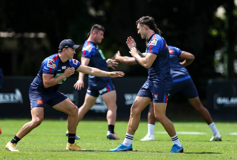 SHAPING UP: Knights players Chris Randall and Brayden Musgrove at training. Picture: Marina Neil