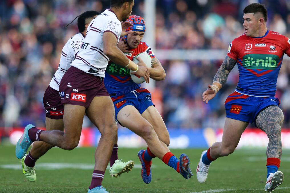 Kalyn Ponga takes a run against Manly on Sunday. Picture by Jonathan Carroll 