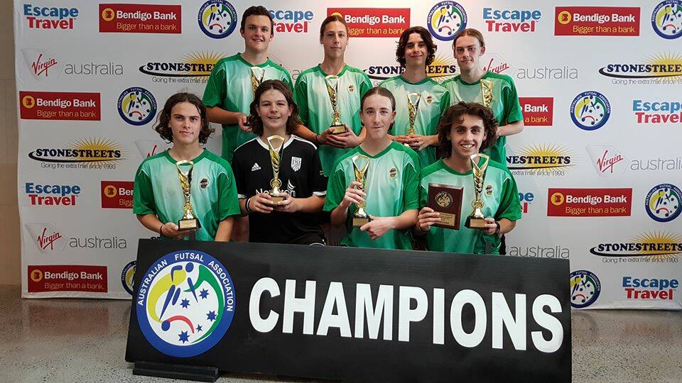 CHAMPIONS: The Warners Bay High School under-16 boys futsal side. Back row, from left, Nick Pettiford, Archie Finn, Damon Hurry and Tom Parkes. Front row, Ezra Palombini, Liam Beazley, Matt Wingeat and Milo Bisogni (Captain). Pictures: Supplied