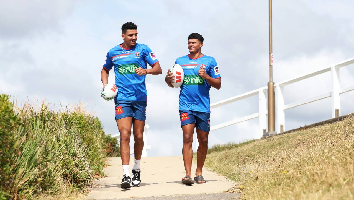 Newcastle's two new English recruits, Kai Pearce-Paul and Will Pryce, at Dixon Park beach on Friday. Picture by Peter Lorimer 