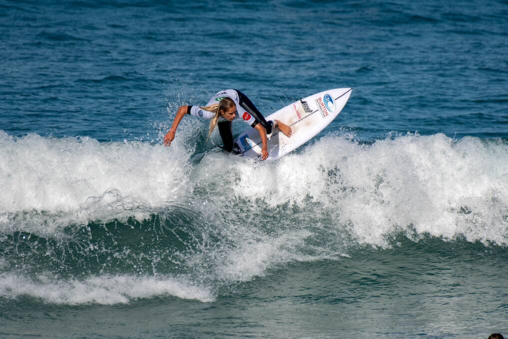 ON TOP: Elle Clayton-Brown surfing at Coffs Harbour on Monday. Picture: Ethan Smith (Surfing NSW)
