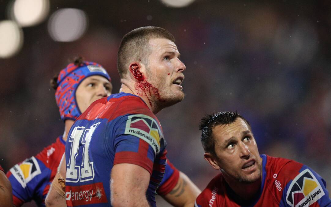 Fitzgibbon with the two players who have set-up the majority of his tries, five-eighth Kalyn Ponga and former halfback Mitchell Pearce. Picture by Max Mason-Hubers